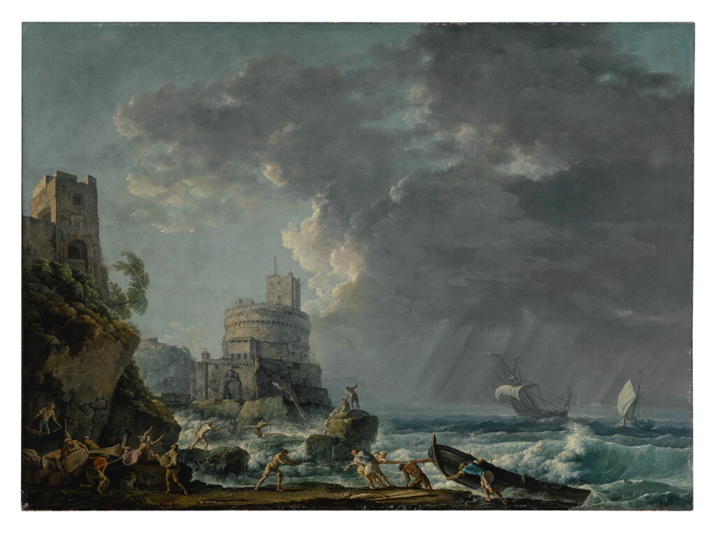 View full screen - View 1 of Lot 605. A storm off a rocky coast, with a shipwreck in the foreground and a fort on the rocky shoreline above.
