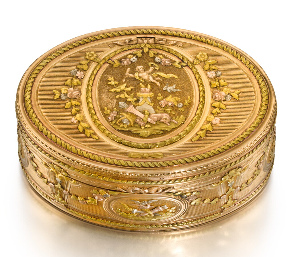 View full screen - View 1 of Lot 9. A FOUR-COLOUR GOLD BOX WITH CONCEALED TIMEPIECE AND MINIATURE, PROBABLY HANAU, CIRCA 1775.
