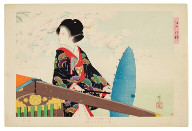 View full screen - View 1 of Lot 134. Ikeda Terukata (1833-1921) Two woodblock prints from the series Brocades of Edo (Edo no nishiki), Meiji period, early 20th century.