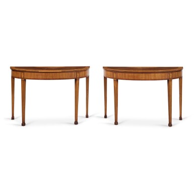 View full screen - View 1 of Lot 116. A Pair of George III Satinwood, Harewood, Burr Yew and Sycamore Marquetry Pier Tables, Late 18th Century.