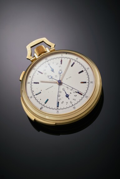 View full screen - View 1 of Lot 53. Retailed by Tiffany & Co.: A yellow gold open-faced keyless five-minute repeating watch with split seconds chronograph and register. Mvt. 112114. Case 19590. Made in 1901 and Sold in 1902.