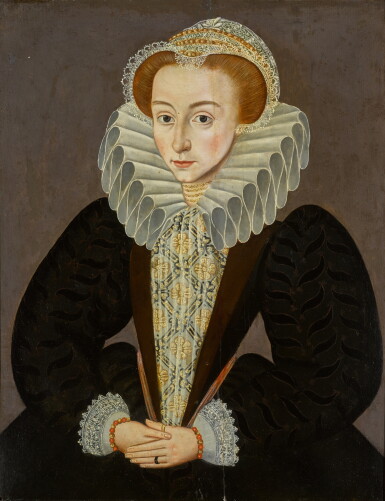 View full screen - View 1 of Lot 416. Portrait of a young woman in a lace bonnet and cartwheel ruff.
