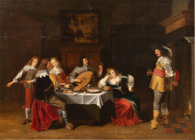 View full screen - View 1 of Lot 74. Christoffel Jacobsz. van der Lamen, Merry company | Joyeuse compagnie dans un intérieur.