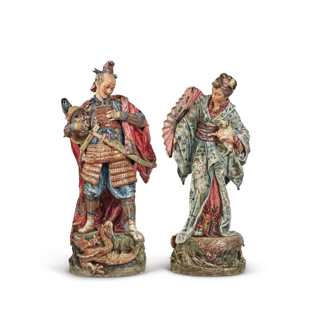 View full screen - View 1 of Lot 540. A Pair of Continental Majolica Large Chinoiserie Figures, Circa 1890.