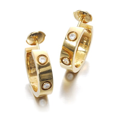 View full screen - View 1 of Lot 1246. Pair of gold and diamond earrings, 'Love'.