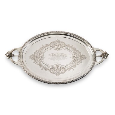 View full screen - View 1 of Lot 155. A Large American Silver Presentation Two-Handled Tray, Gorham Mfg. Co, Providence RI, Retailed By Browne And Spaulding, New York, Circa 1869.