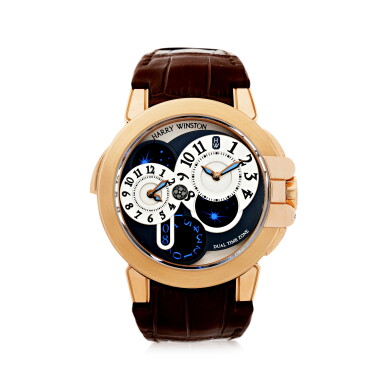 View full screen - View 1 of Lot 303. HARRY WINSTON | REFERENCE 400-MATZ44R A PINK GOLD AUTOMATIC DUAL TIME WRISTWATCH WITH DATE, CIRCA 2009.