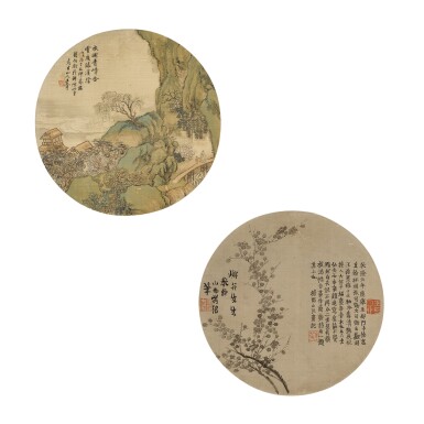 View full screen - View 1 of Lot 859. Attributed to Wang Hui, Landscape 王翬(款) 青綠山水| Attributed to Jin Nong, Ink plum blossom 金農(款) 墨梅.