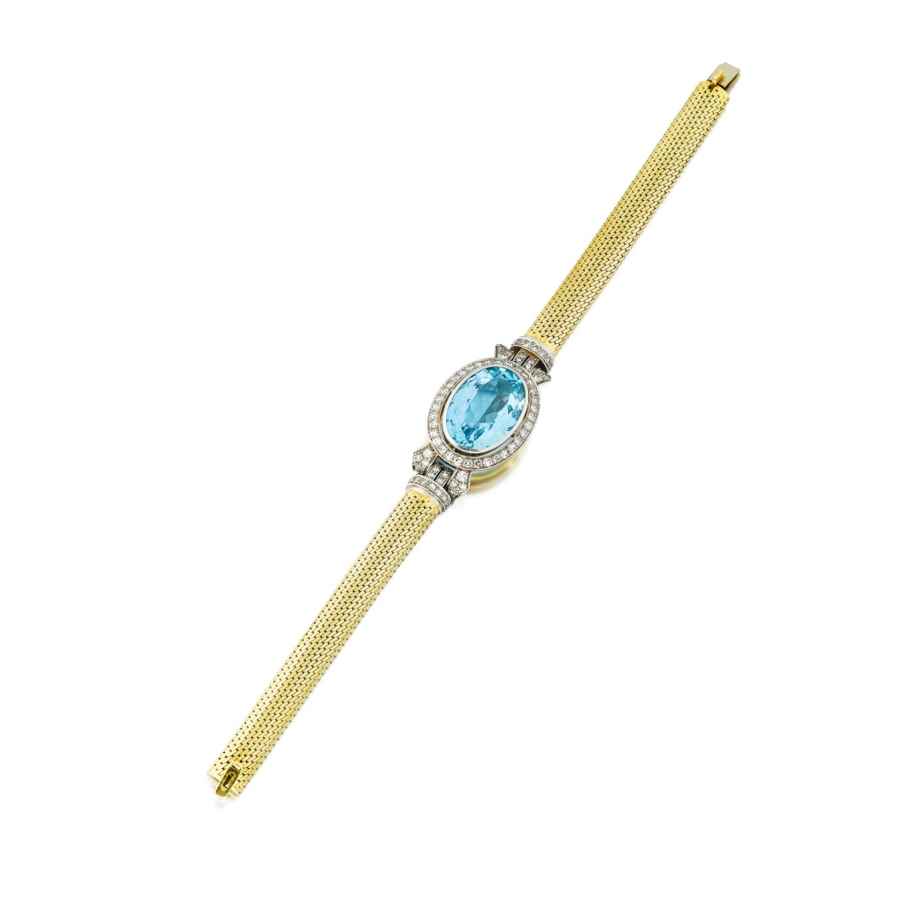 View full screen - View 1 of Lot 254. Bracelet aigue-marine et diamants | Aquamarine and diamond bracelet.