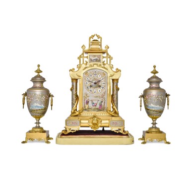 View full screen - View 1 of Lot 621. A French gilt-bronze and painted porcelain three-piece clock garniture, circa 1870.