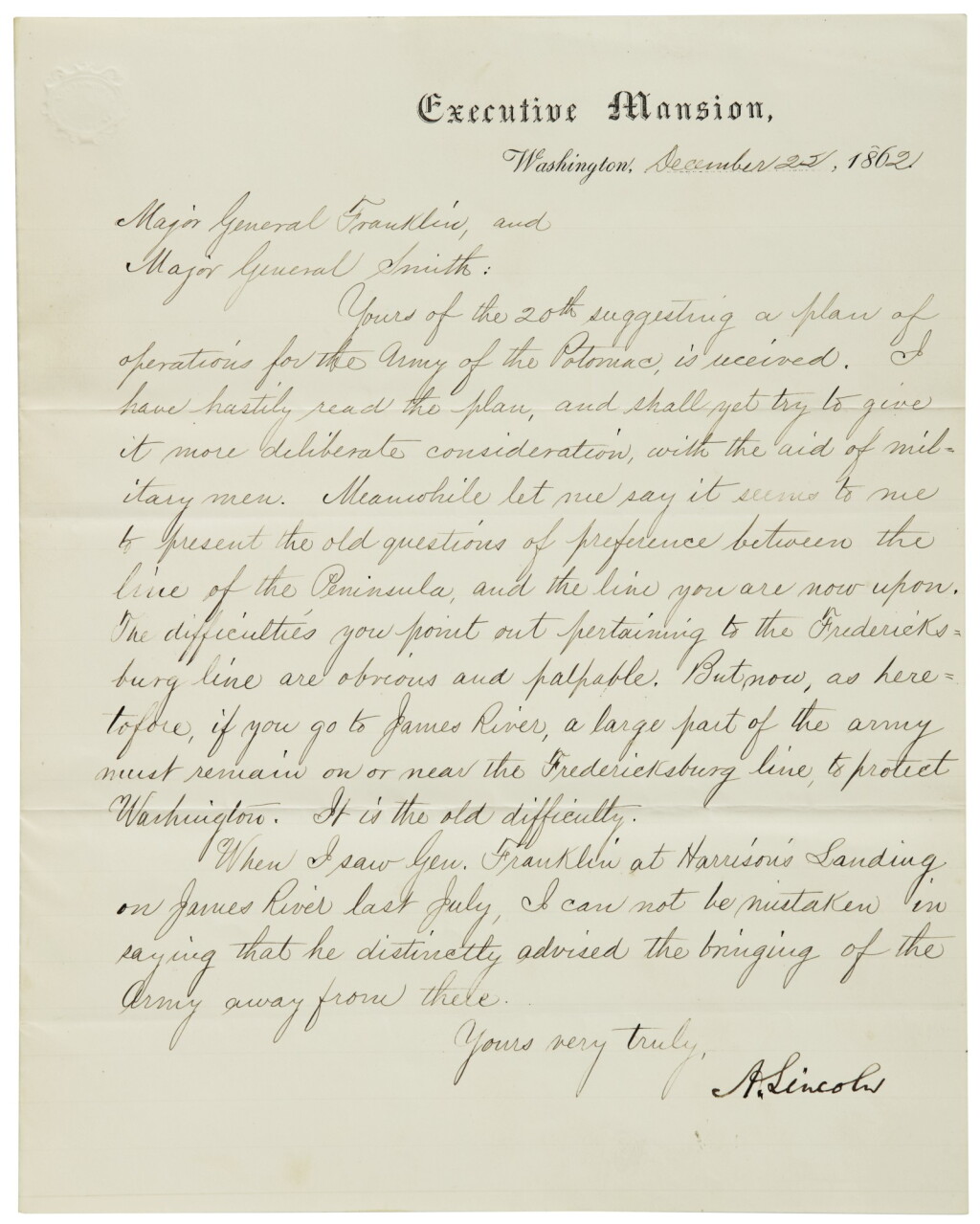 View full screen - View 1 of Lot 2131. Lincoln, Abraham. Manuscript letter signed, to major generals William B. Franklin and William F. Smith, 22 December 1862.