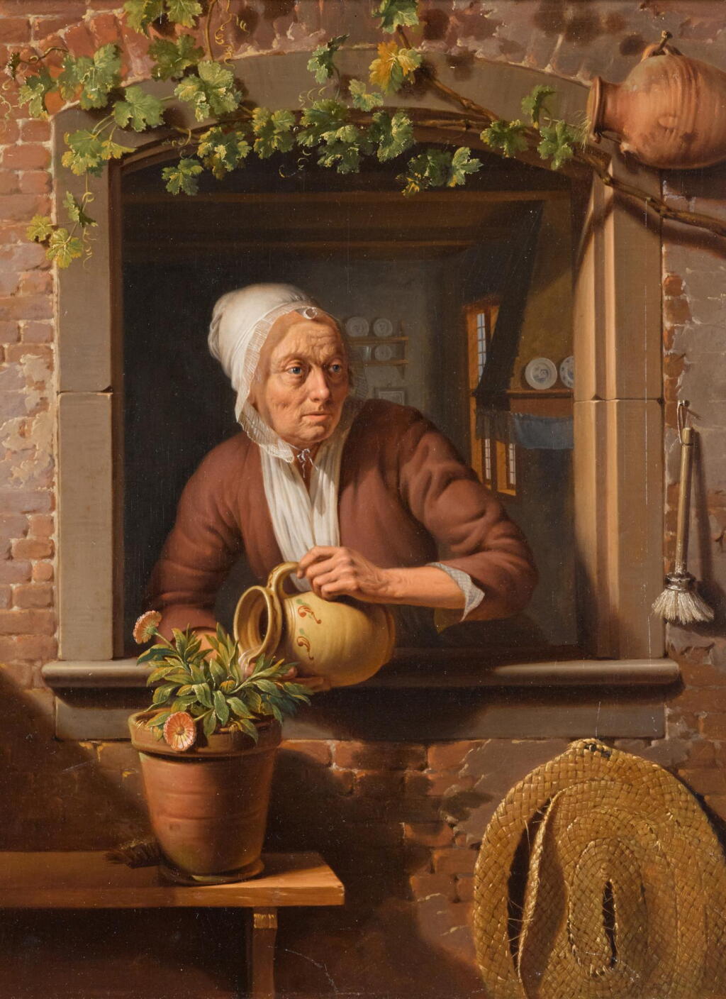 View full screen - View 1 of Lot 51. SIMON BESANGER | A peasant lady watering a flower pot on a wooden table with a view of the interior of her home in the background.