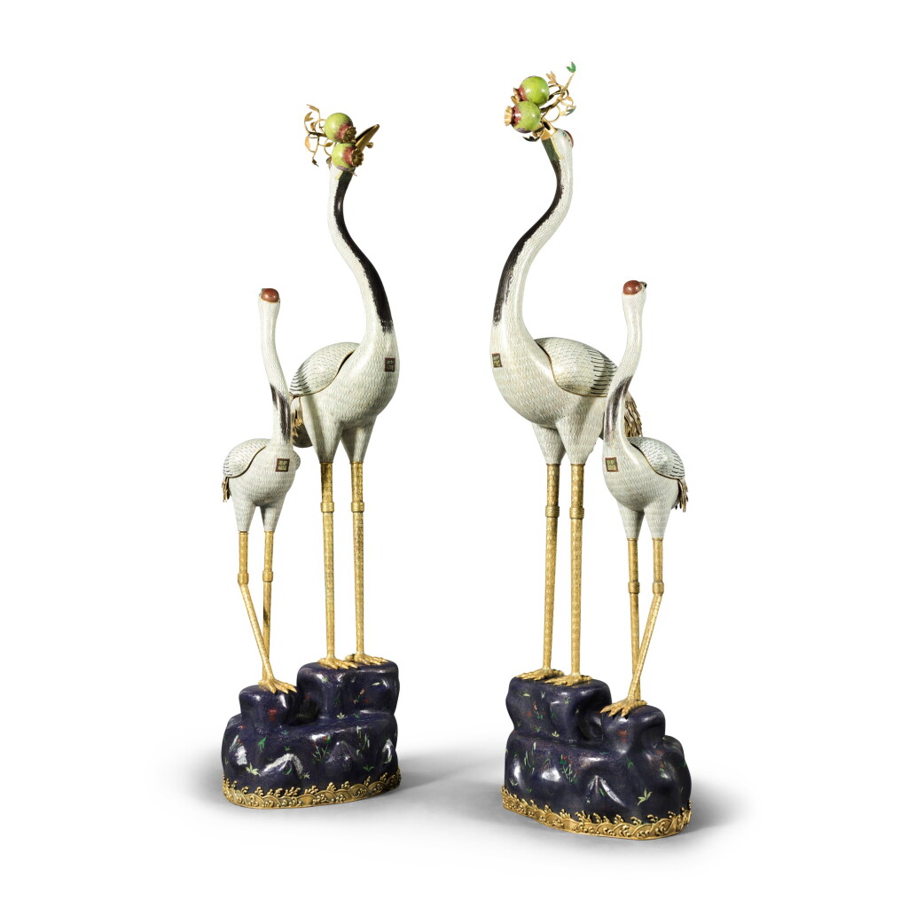 View full screen - View 1 of Lot 95. A large and impressive pair of cloisonné enamel cranes, 20th century.