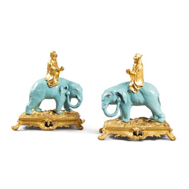View full screen - View 1 of Lot 446. A pair of gilt-bronze mounted Chinese porcelain elephants, the porcelain 18th century, the mounts Louis XV style, 19th century.