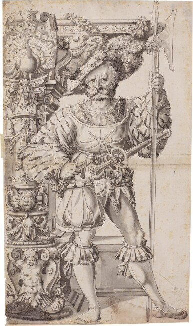 View full screen - View 1 of Lot 106. Design for Stained Glass: A halbardier standing beside a column decorated with various animal heads and a peacock.