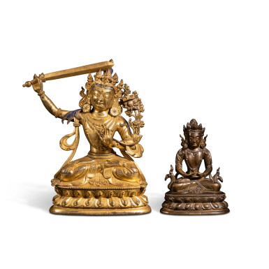 View full screen - View 1 of Lot 196. A gilt-bronze figure of Manjushri and a bronze figure of Amitayus, Qing dynasty, 18th century.