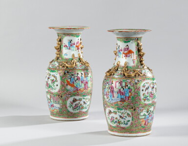 View full screen - View 1 of Lot 54. A pair of Canton famille-rose baluster vases Qing dynasty, 19th century | 清十九世紀 廣東粉彩花卉人物紋雙耳瓶一對.