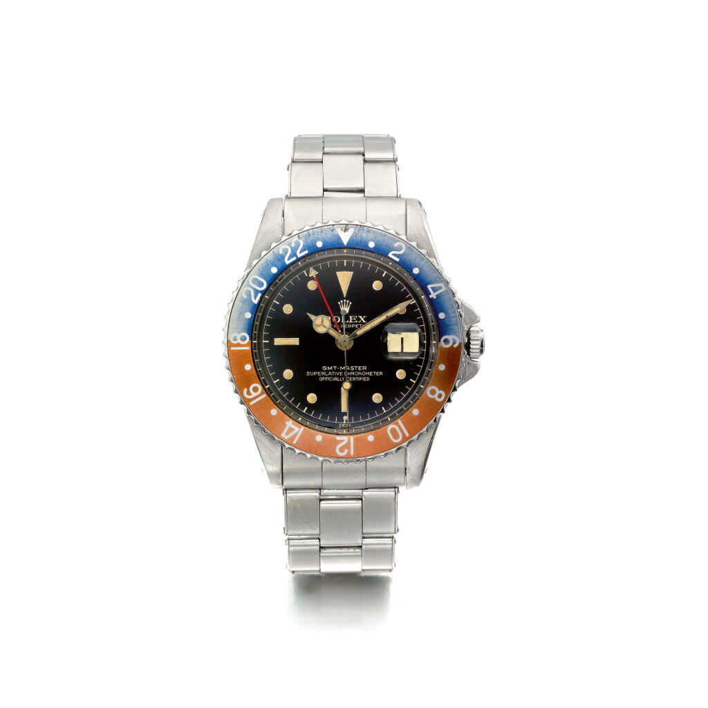 View full screen - View 1 of Lot 883. ROLEX | REF 1675 GMT MASTER, A STAINLESS STEEL DUAL TIME WRISTWATCH WITH DATE AND BRACELET, CIRCA 1961 | 勞力士 | 1675型號「GMT MASTER」精鋼兩地時間鍊帶腕錶備日期顯示,年份約1961.