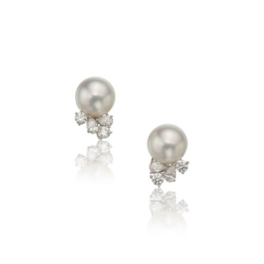 View full screen - View 1 of Lot 496. Pair of Cultured Pearl and Diamond Earclips.