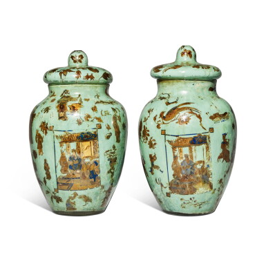 View full screen - View 1 of Lot 596. A Pair of Celadon-Ground Decalcomania Vases and Covers, French or English, Mid-19th Century.