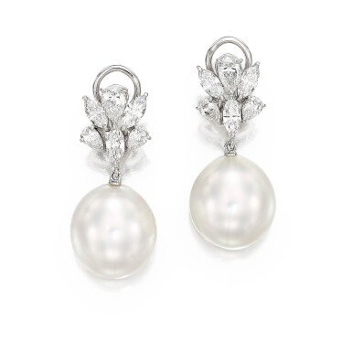 View full screen - View 1 of Lot 313. Pair of Cultured Pearl and Diamond Pendent Ear Clips | 御木本 | 養殖珍珠 配 鑽石 耳墜 一對.