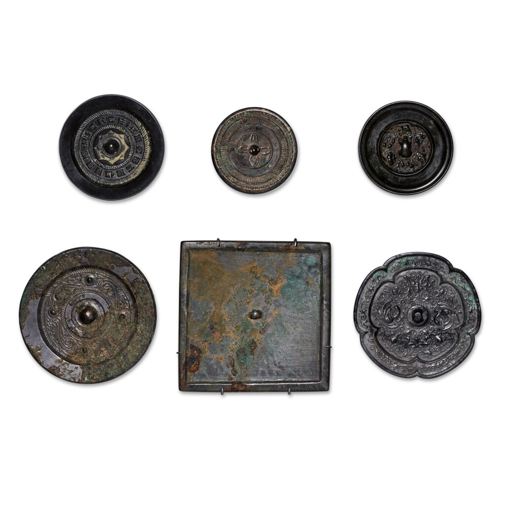 View full screen - View 1 of Lot 8. A study group of six bronze mirrors Han/Tang dynasty | 漢/唐 青銅鏡一組六件.