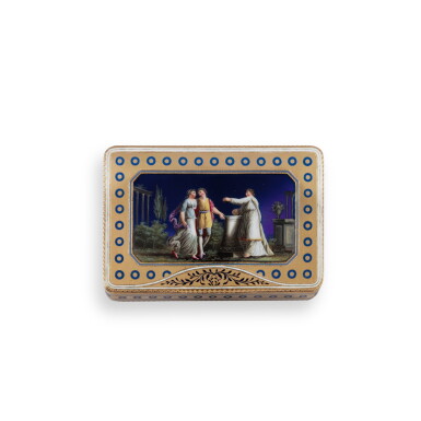 View full screen - View 1 of Lot 18. A gold and enamel snuff box, German circa 1805 | Tabatière en or et émail, Allemagne vers 1805.