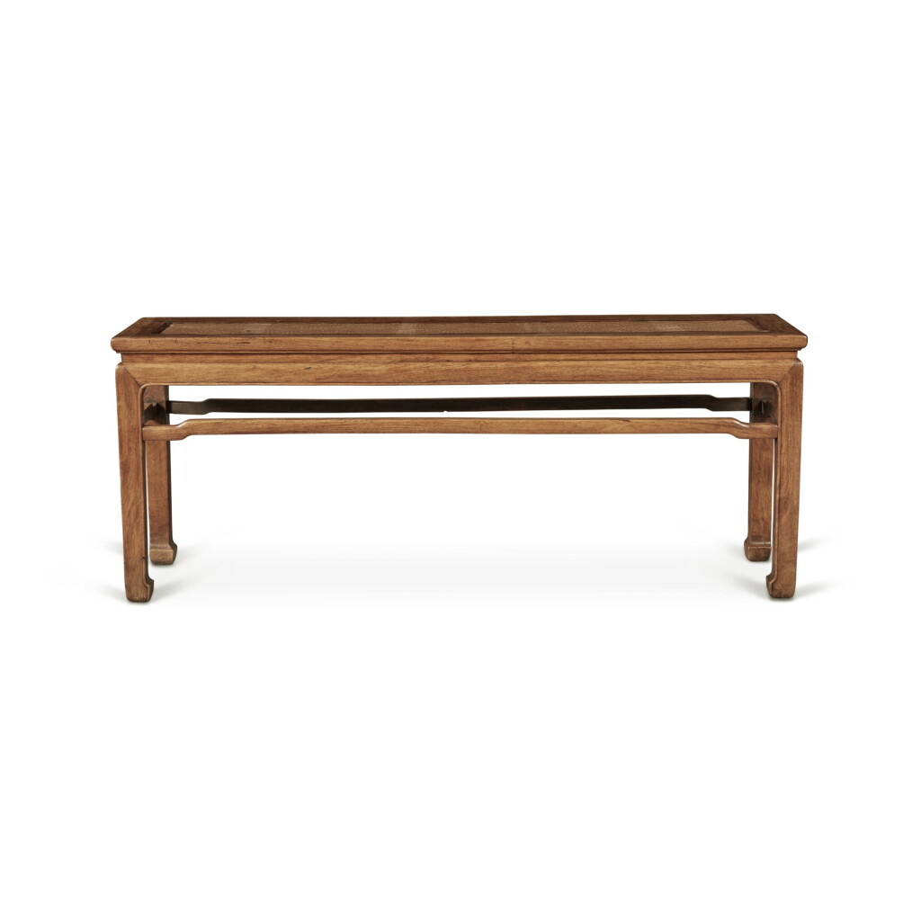 View full screen - View 1 of Lot 113. A 'huanghuali' corner-leg bench (Errendeng), Qing dynasty, 18th century | 清十八世紀 黃花梨有束腰羅鍋棖馬蹄足貳人凳.