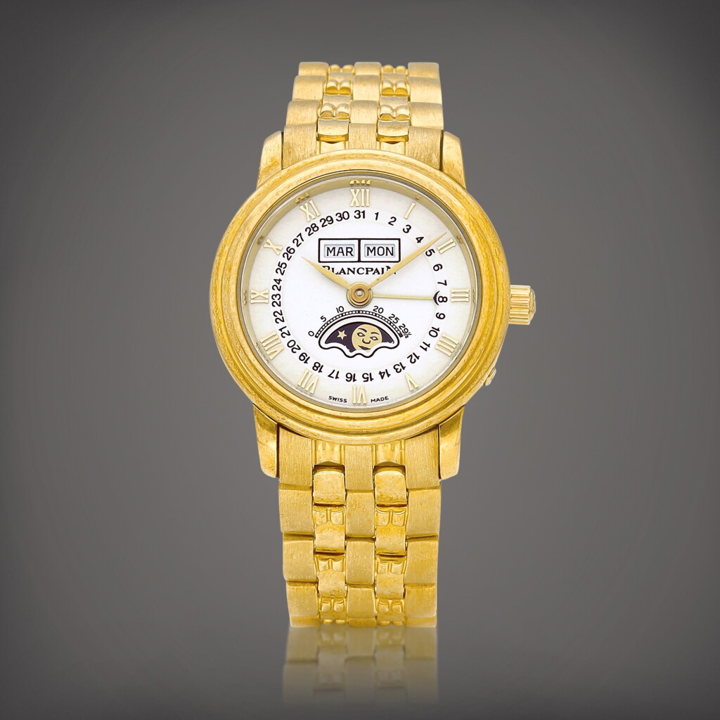 View full screen - View 1 of Lot 8773. Villeret | A yellow gold triple calendar bracelet watch with moon phases, Circa 1990 | 寶珀 | Villeret | 黃金全日曆鏈帶腕錶,備月相顯示,約1990年製.