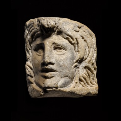 View full screen - View 1 of Lot 116. A Roman Marble Relief Theatre Mask, 3rd Century A.D..