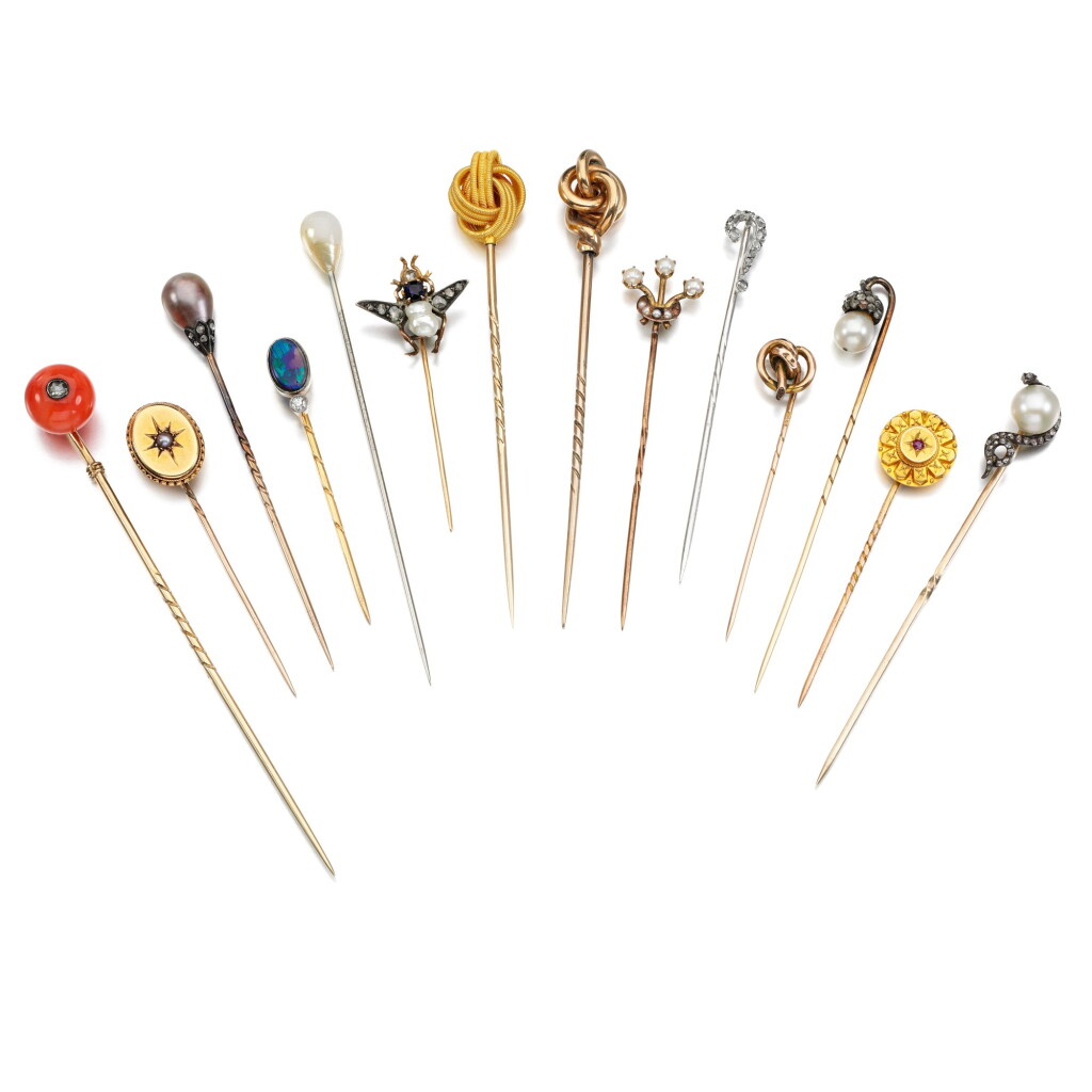 View full screen - View 1 of Lot 207. Fourteen gem set stick pins, late 19th to early 20th century and later.
