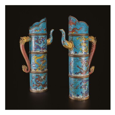 View full screen - View 1 of Lot 645. A PAIR OF CLOISONNE ENAMEL TIBETAN-STYLE 'DRAGON' EWERS, DUOMUHU, 17TH CENTURY.