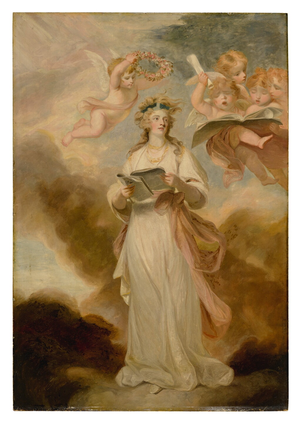 View full screen - View 1 of Lot 607. FOLLOWER OF SIR JOSHUA REYNOLDS, P.R.A. | MRS. BILLINGTON AS SAINT CECILIA, SURROUNDED BY SINGING PUTTI.