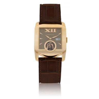 View full screen - View 1 of Lot 49. CHOPARD | REF 2283 L.U.C. MONOTEC, A LIMITED EDITION PINK GOLD SQUARE FORM WRISTWATCH WITH DATE AND DEPICTION OF KING SAUD.