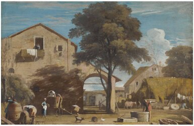 View full screen - View 1 of Lot 24. MARCO RICCI | LANDSCAPE WITH A COURTYARD WITH RURAL BUILDINGS AND PEASANTS.