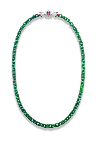 View full screen - View 1 of Lot 1732. RARE AND CARVED JADEITE INTERLOCKED LINKS WITH DIAMOND AND RUBY NECKLACE | 罕有天然翡翠鏤雕索環 配 鑽石 及 紅寳石 項鏈.