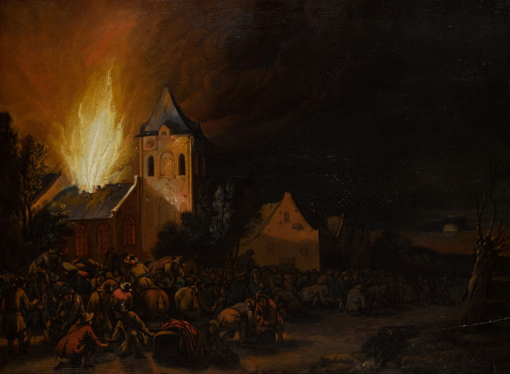 View full screen - View 1 of Lot 47. PHILIP VAN LEEUWEN | Nocturnal landscape with the plundering of a village.