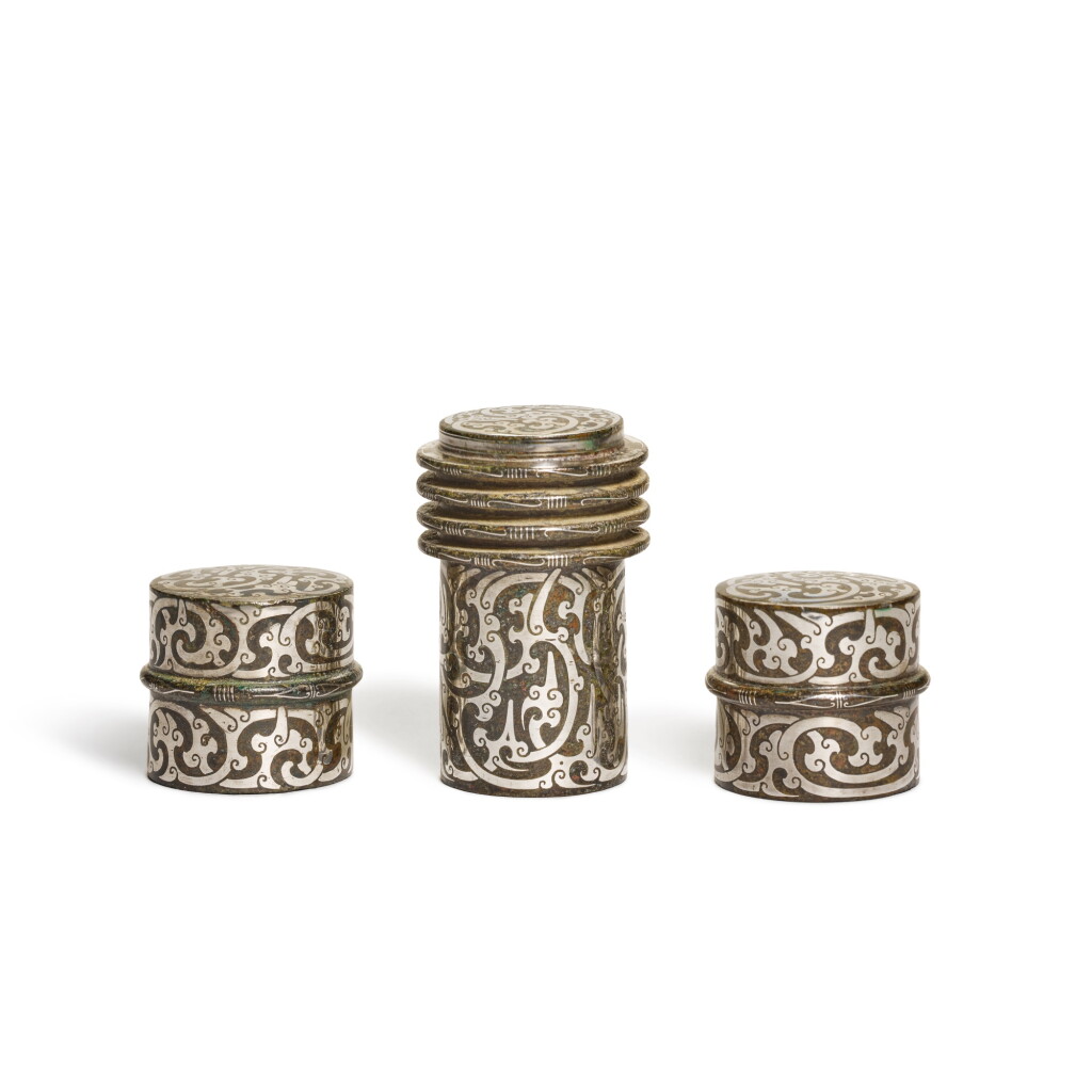 View full screen - View 1 of Lot 12. Three silver-inlaid bronze chariot fittings, Eastern Zhou / Western Han dynasty.