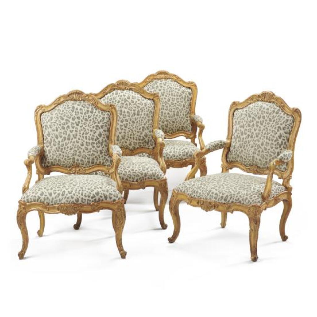 View full screen - View 1 of Lot 164. A set of four Italian painted and parcel-gilt armchairs, Turin, circa 1750.