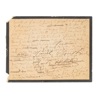 View full screen - View 1 of Lot 131. Un amour de Swann. Brouillon autographe très raturé d'un passage de la fin du roman. 1913. 2 p. d'une enveloppe..