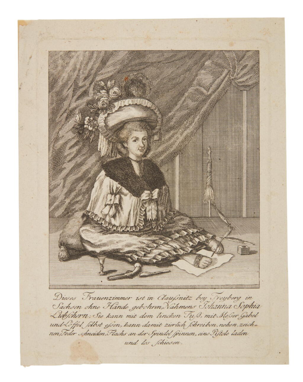 View full screen - View 1 of Lot 414. (Remarkable Characters) | Johanna Sophia Liebschern, "writing, spinning cloth, and firing pistols" with her feet.