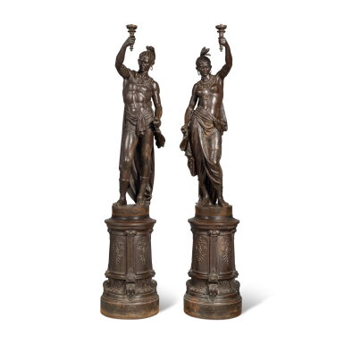 View full screen - View 1 of Lot 681. A Pair of French Life-Sized Cast-Iron Sculptures-Torchères of Native American Indians Titled "L’ Indienne" After A Design by Jean-Jules Salmson (French, 1823-1902) Attributed to Le Fonderies d'Art du Val d'Osne, 19th Century.