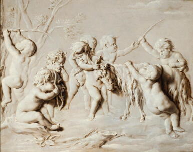 View full screen - View 1 of Lot 69. FRENCH SCHOOL, 18TH CENTURY | PUTTI PLAYING WITH A GOAT .