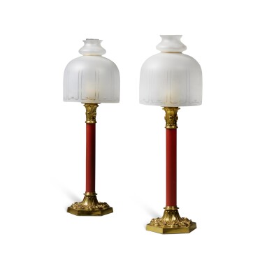 View full screen - View 1 of Lot 237. A Pair of Palmers Patent Brass Mounted Red Lacquered Table Lamps with Dome Glass Shades.