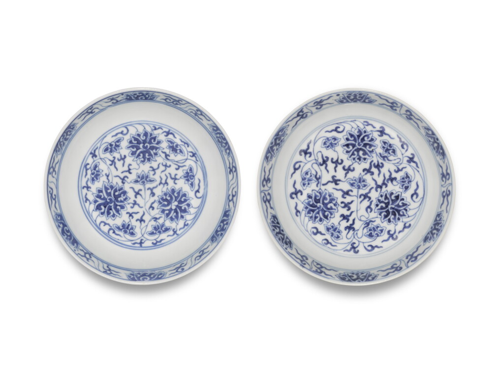 View full screen - View 1 of Lot 65. Two blue and white 'lotus' saucer dishes, Marks and period of Guangxu | 清光緒 青花纏枝蓮紋盤一組兩件 《大清光緒年製》款.