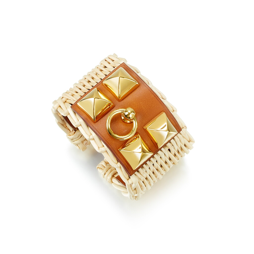 View full screen - View 1 of Lot 1005. Fauve Barenia and Osier Wicker Picnic CDC Collier de Chien Bracelet Gold Hardware, 2021 .