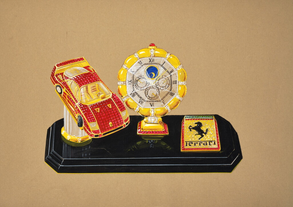 View full screen - View 1 of Lot 30. An unproduced and original prototype design, painted by Gérald Genta, with accompanying NFT, Circa 1998 | 傑洛・尊達 一幅未經生產的原型設計圖,由傑洛・尊達繪製並附帶 NFT 証書,約1998年製.