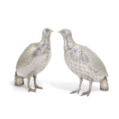 View full screen - View 1 of Lot 28. A pair of German silver models of Grouse, Neresheimer, Hanau, importer's mark of Berthold Muller, Chester, 1899.