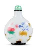 A six-colour overlay white glass 'flower and treasures' snuff bottle Qing dynasty, 18th – 19th century | 清十八至十九世紀 涅白地六色套料花卉盆景鼻煙壺