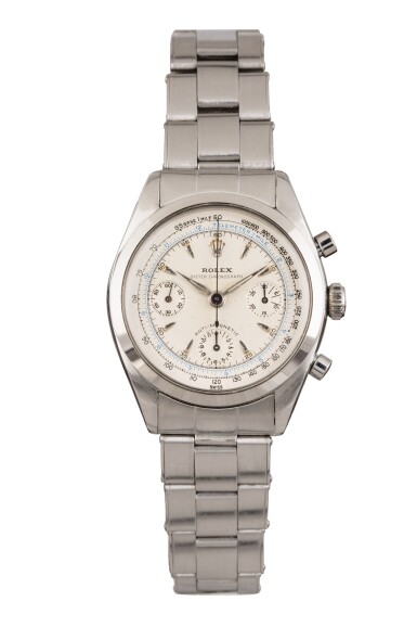 View full screen - View 1 of Lot 11. ROLEX | Pre-Daytona, Ref 6234 A Stainless Steel Chronograph Wristwatch with Bracelet 1959.